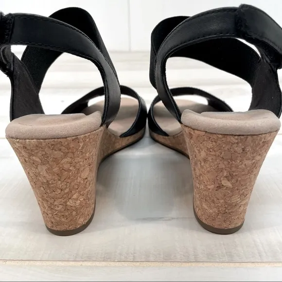Clarks Black Leather Lafley Lily Wedge Sandals Sz 9