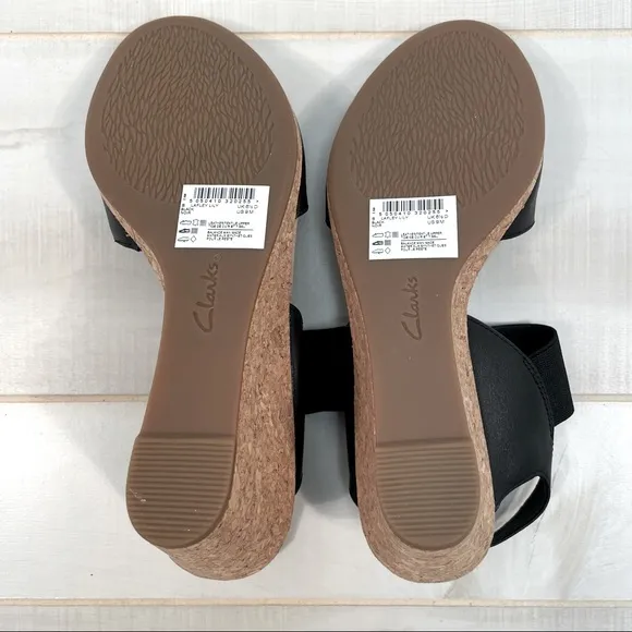 Clarks Black Leather Lafley Lily Wedge Sandals Sz 9