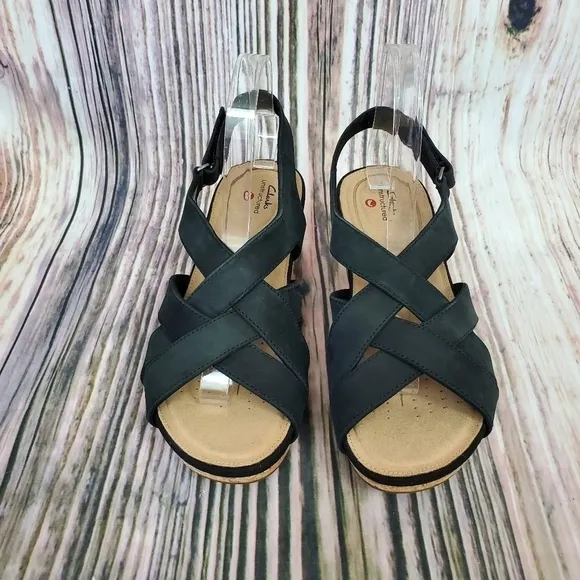 CLARKS Black Un Capri Step Nubuck Wedge Sandals