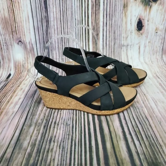 CLARKS Black Un Capri Step Nubuck Wedge Sandals