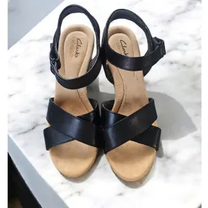 Clarks Collection Wedge Sandals Criss Cross Adjustable Black Size 8.5 MSRP $95