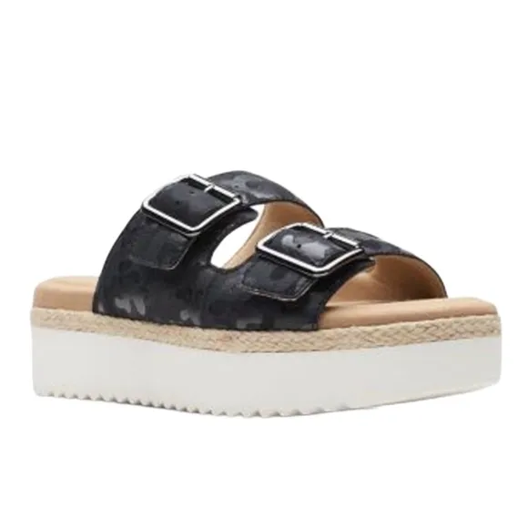CLARKS Lana Beach Black camouflage leather platform sandals|7