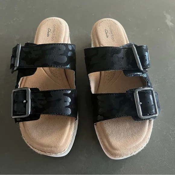 CLARKS Lana Beach Black camouflage leather platform sandals|7