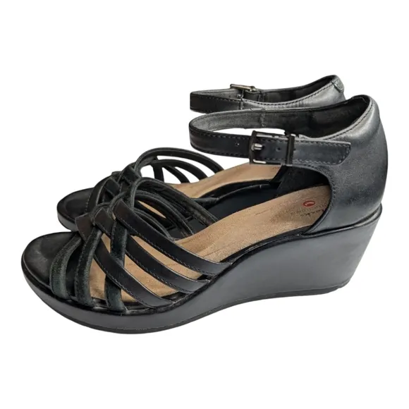 Clarks Shoes Un Plaza Vibe Combi Strappy Wedge Comfort Sandal Black 8