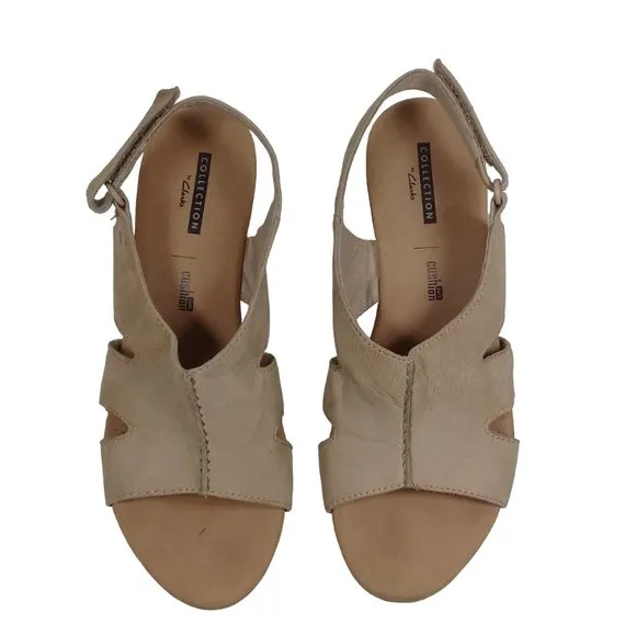 Clarks Women's Annadel Bari Sand Leather Nubuck Wedge Open Toe Sandals Size 7.5M