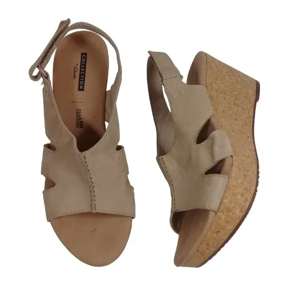 Clarks Women's Annadel Bari Sand Leather Nubuck Wedge Open Toe Sandals Size 7.5M