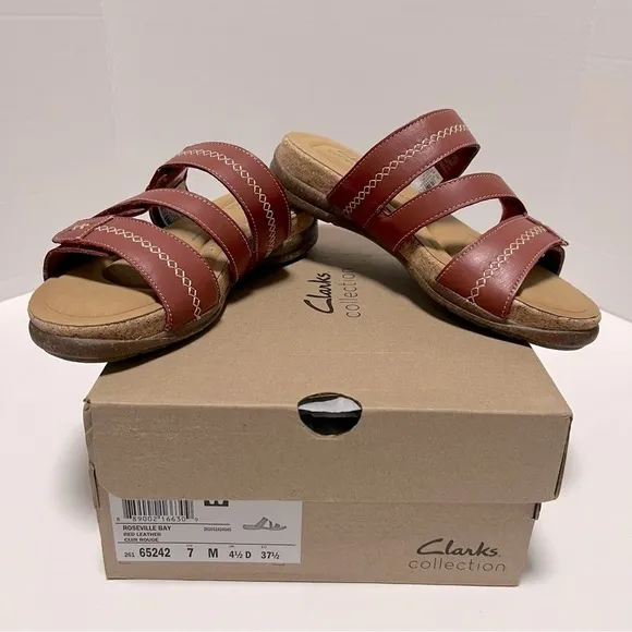 Clarks, Women’s Roseville Bay Leather Sandal - Red Leather. Size: 7 M (US). NIB