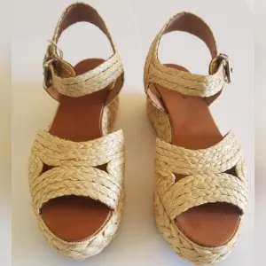 Clergerie Aida Raffia Platform Sandals, Beige, Size EU 40.5, NWT