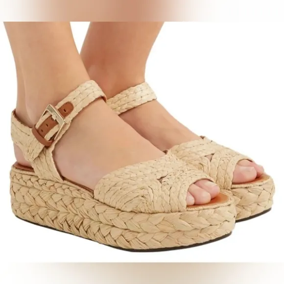 Clergerie Aida Raffia Platform Sandals, Beige, Size EU 40.5, NWT
