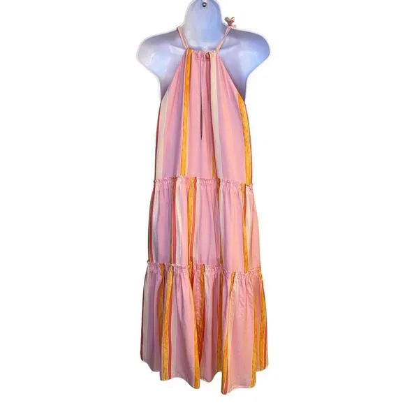 Club Monaco Amirra Silk Petal Pink Striped Halter Midi Dress Resort Wear Beach