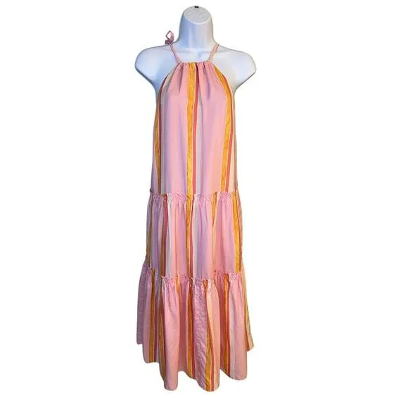 Club Monaco Amirra Silk Petal Pink Striped Halter Midi Dress Resort Wear Beach