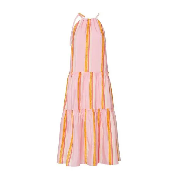 Club Monaco Amirra Silk Petal Pink Striped Halter Midi Dress Resort Wear Beach