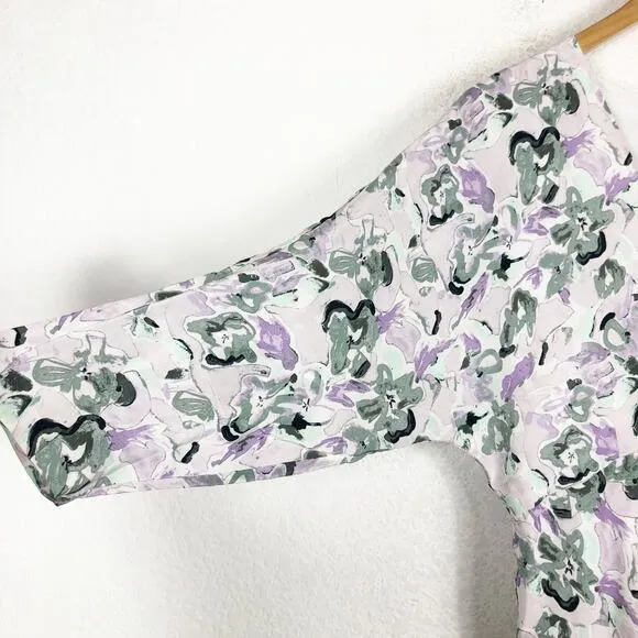 Club Monaco Drape Sleeve Midi Dress Size 10 Blue Gray Floral Aline Lightweight