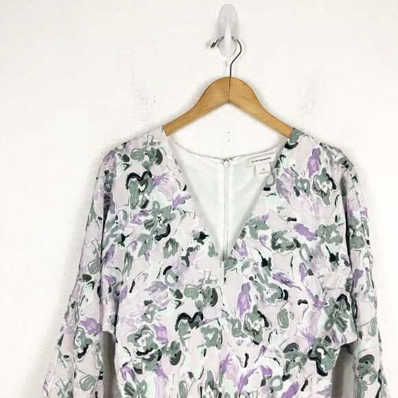 Club Monaco Drape Sleeve Midi Dress Size 10 Blue Gray Floral Aline Lightweight