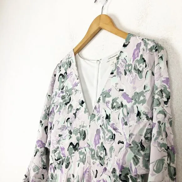Club Monaco Drape Sleeve Midi Dress Size 10 Blue Gray Floral Aline Lightweight