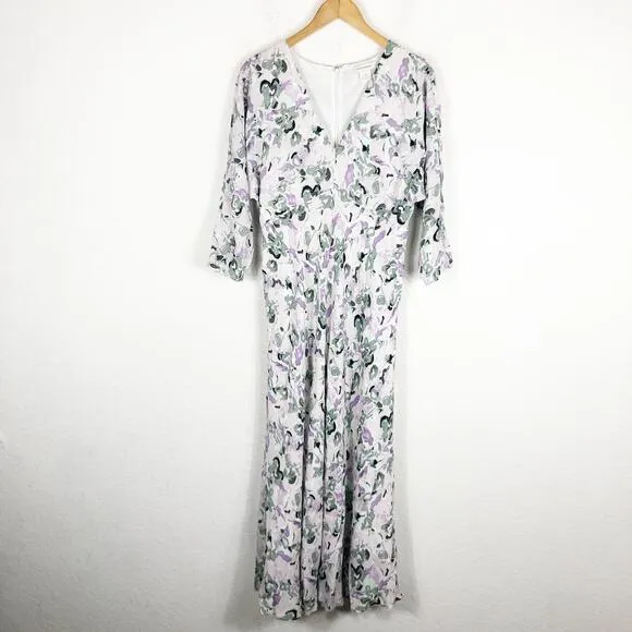Club Monaco Drape Sleeve Midi Dress Size 10 Blue Gray Floral Aline Lightweight