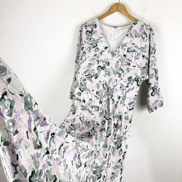 Club Monaco Drape Sleeve Midi Dress Size 10 Blue Gray Floral Aline Lightweight