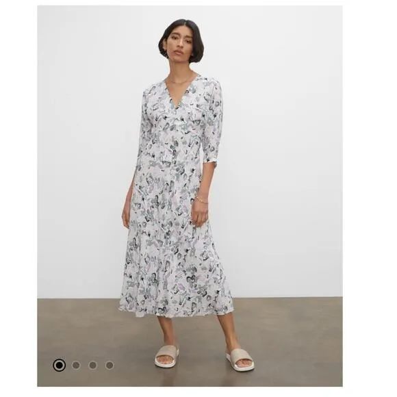 Club Monaco Drape Sleeve Midi Dress Size 10 Blue Gray Floral Aline Lightweight
