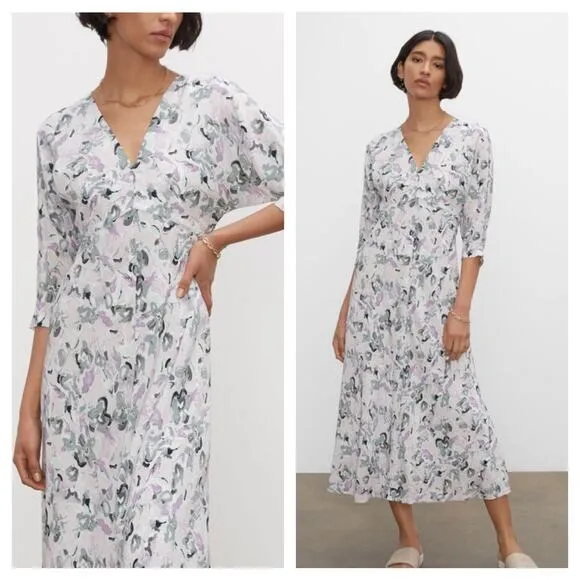 Club Monaco Drape Sleeve Midi Dress Size 10 Blue Gray Floral Aline Lightweight
