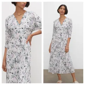 Club Monaco Drape Sleeve Midi Dress Size 10 Blue Gray Floral Aline Lightweight