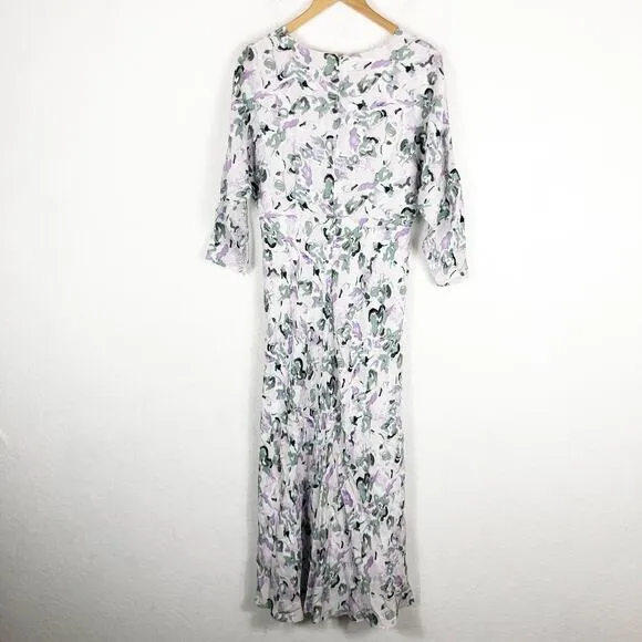 Club Monaco Drape Sleeve Midi Dress Size 10 Blue Gray Floral Aline Lightweight
