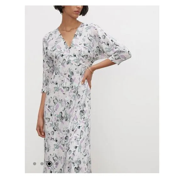 Club Monaco Drape Sleeve Midi Dress Size 10 Blue Gray Floral Aline Lightweight