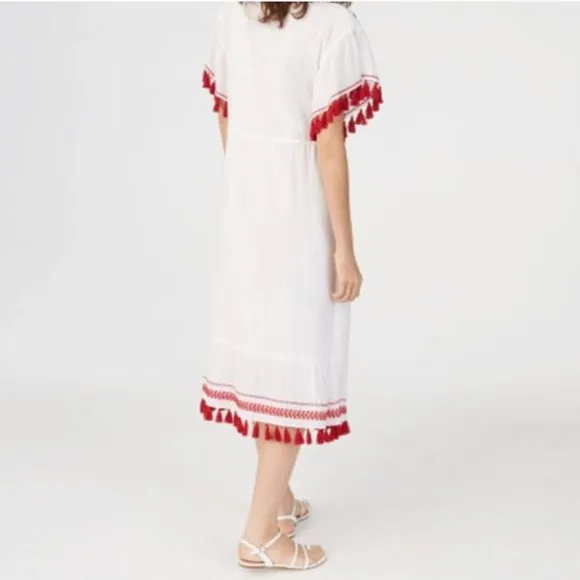 Club Monaco Tiphanie Embroidered Fringe Tassel Midi Dress, M
