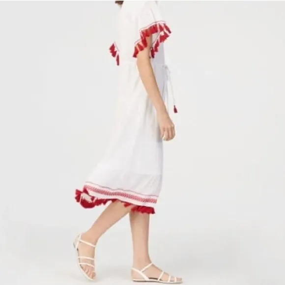 Club Monaco Tiphanie Embroidered Fringe Tassel Midi Dress, M