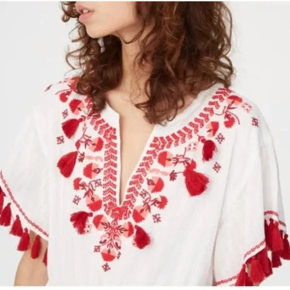 Club Monaco Tiphanie Embroidered Fringe Tassel Midi Dress, M