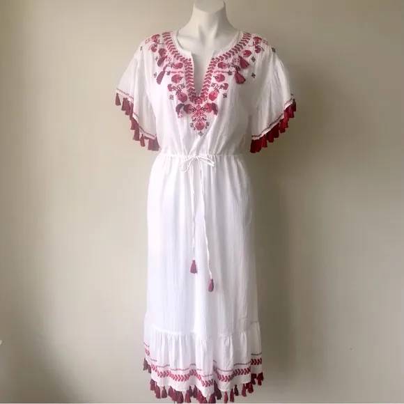 Club Monaco Tiphanie Embroidered Fringe Tassel Midi Dress, M
