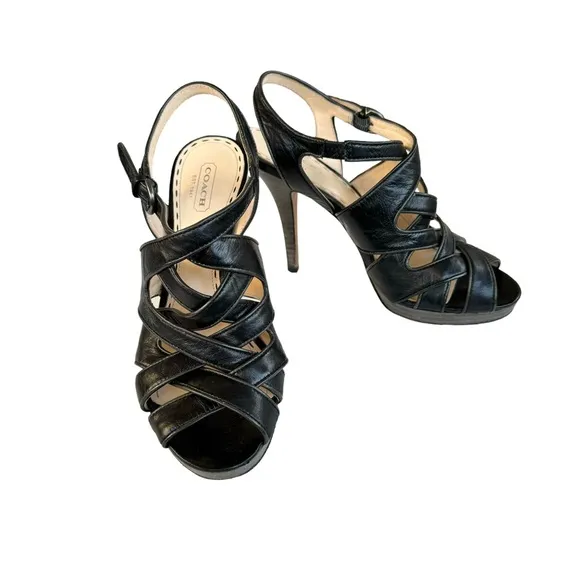 Coach Alba Black Leather Strappy Sandal Platform Stiletto Heel Women’s 8