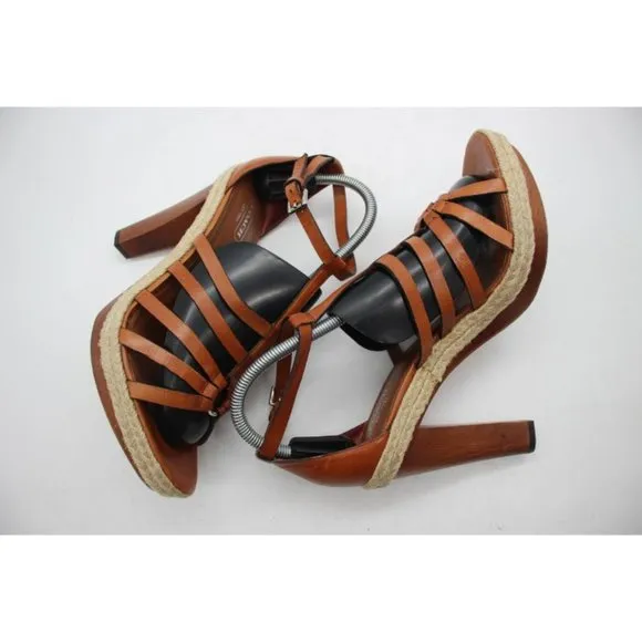 Coach Cognac Leather Strapped  Platform Espadrille Sandals Women's Size 10 B