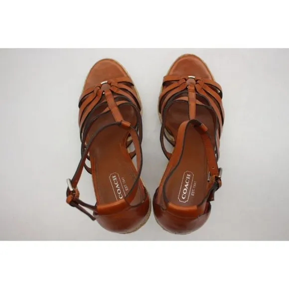 Coach Cognac Leather Strapped  Platform Espadrille Sandals Women's Size 10 B