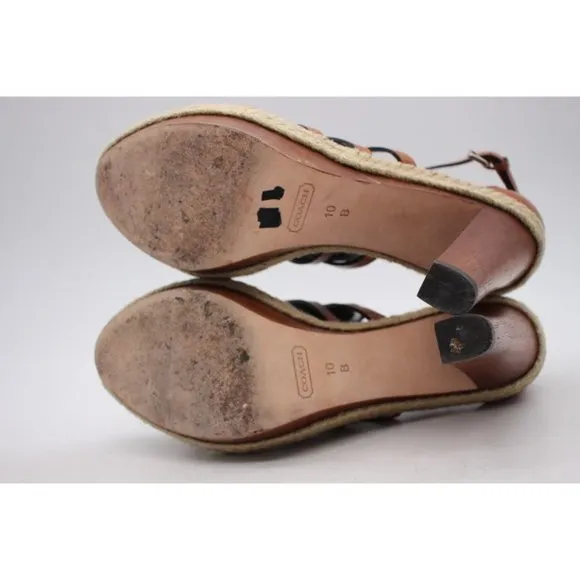 Coach Cognac Leather Strapped  Platform Espadrille Sandals Women's Size 10 B