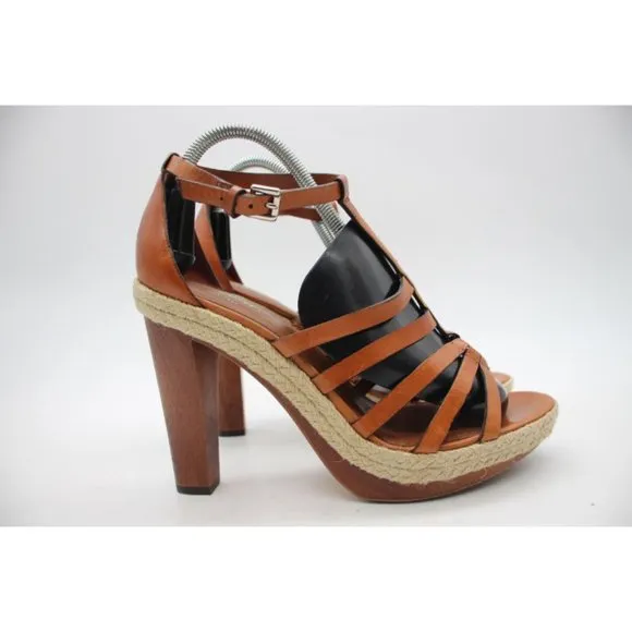 Coach Cognac Leather Strapped  Platform Espadrille Sandals Women's Size 10 B