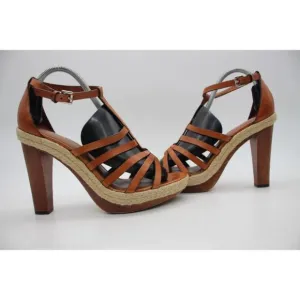 Coach Cognac Leather Strapped  Platform Espadrille Sandals Women's Size 10 B