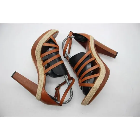 Coach Cognac Leather Strapped  Platform Espadrille Sandals Women's Size 10 B