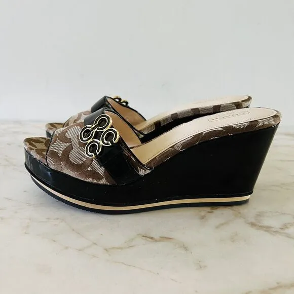 COACH Geri Black Brown Logo Print Canvas Wedge Heel Platform Sandals - US 8.5