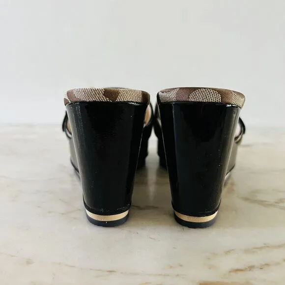 COACH Geri Black Brown Logo Print Canvas Wedge Heel Platform Sandals - US 8.5