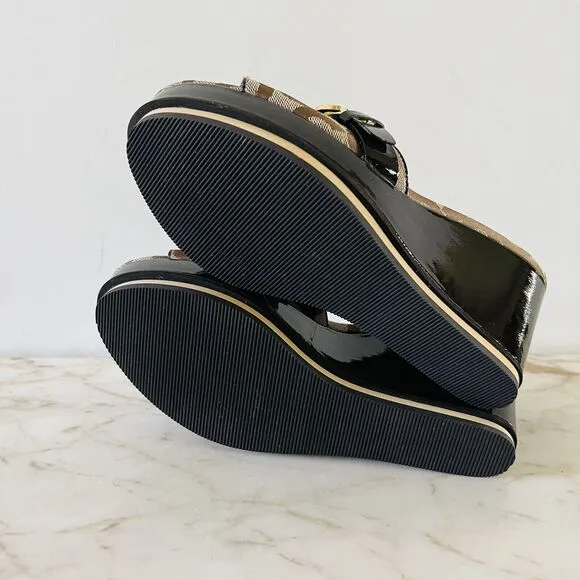 COACH Geri Black Brown Logo Print Canvas Wedge Heel Platform Sandals - US 8.5
