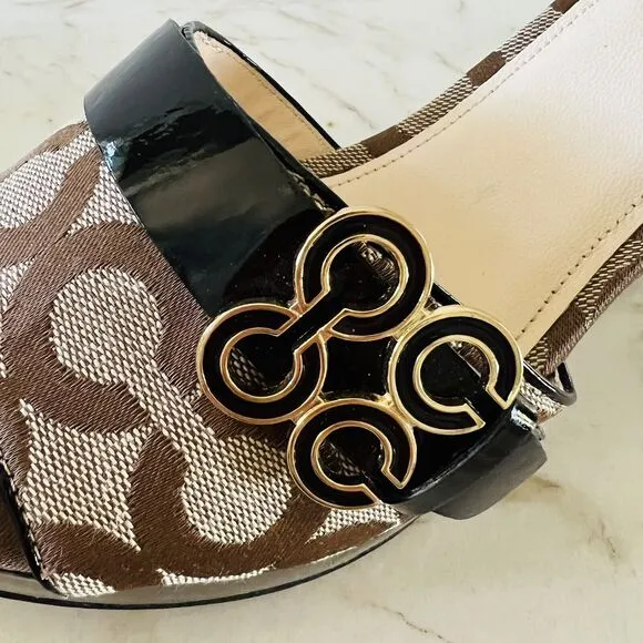 COACH Geri Black Brown Logo Print Canvas Wedge Heel Platform Sandals - US 8.5