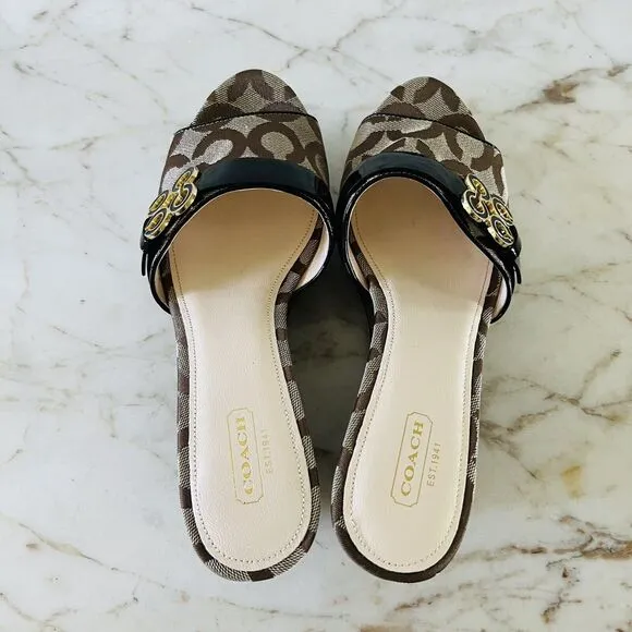 COACH Geri Black Brown Logo Print Canvas Wedge Heel Platform Sandals - US 8.5