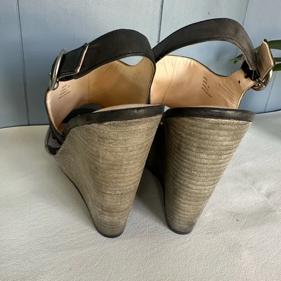 Coach Jackie Wedge Peep Toe Platforms Signature C Fabric Graphite &amp; Black 8.5 B