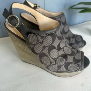 Coach Jackie Wedge Peep Toe Platforms Signature C Fabric Graphite &amp; Black 8.5 B
