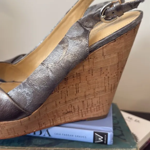 Coach Jessy Silver Signature Cork Wedge Platform Sandals Women’s Size 9.5