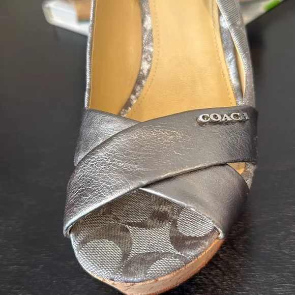 Coach Jessy Silver Signature Cork Wedge Platform Sandals Women’s Size 9.5