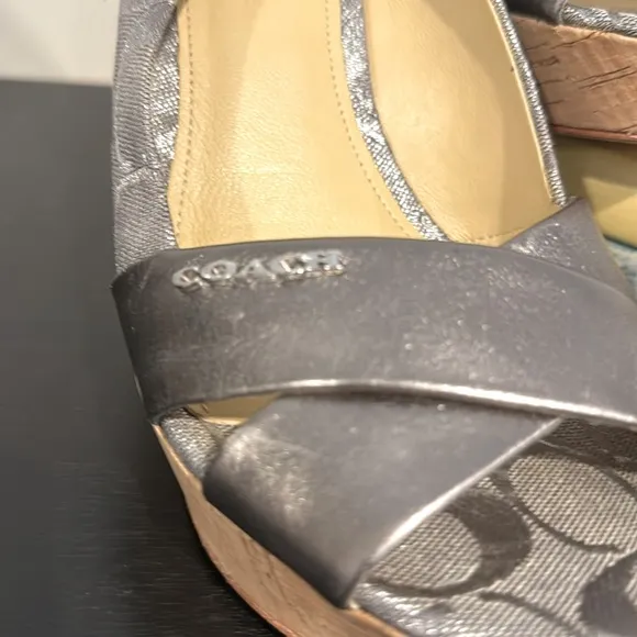 Coach Jessy Silver Signature Cork Wedge Platform Sandals Women’s Size 9.5
