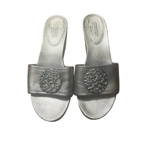 COACH Judith Cork Wedge Sandals w/ COACH Logo in Silver Size 8.5 — GORGEOUS!!!