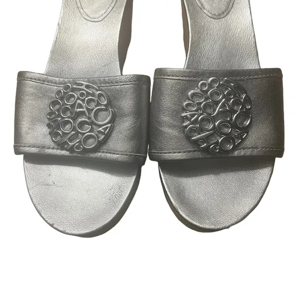 COACH Judith Cork Wedge Sandals w/ COACH Logo in Silver Size 8.5 — GORGEOUS!!!
