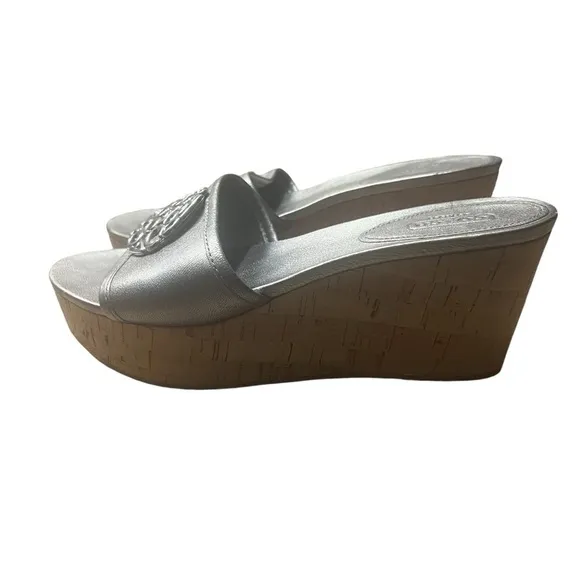 COACH Judith Cork Wedge Sandals w/ COACH Logo in Silver Size 8.5 — GORGEOUS!!!